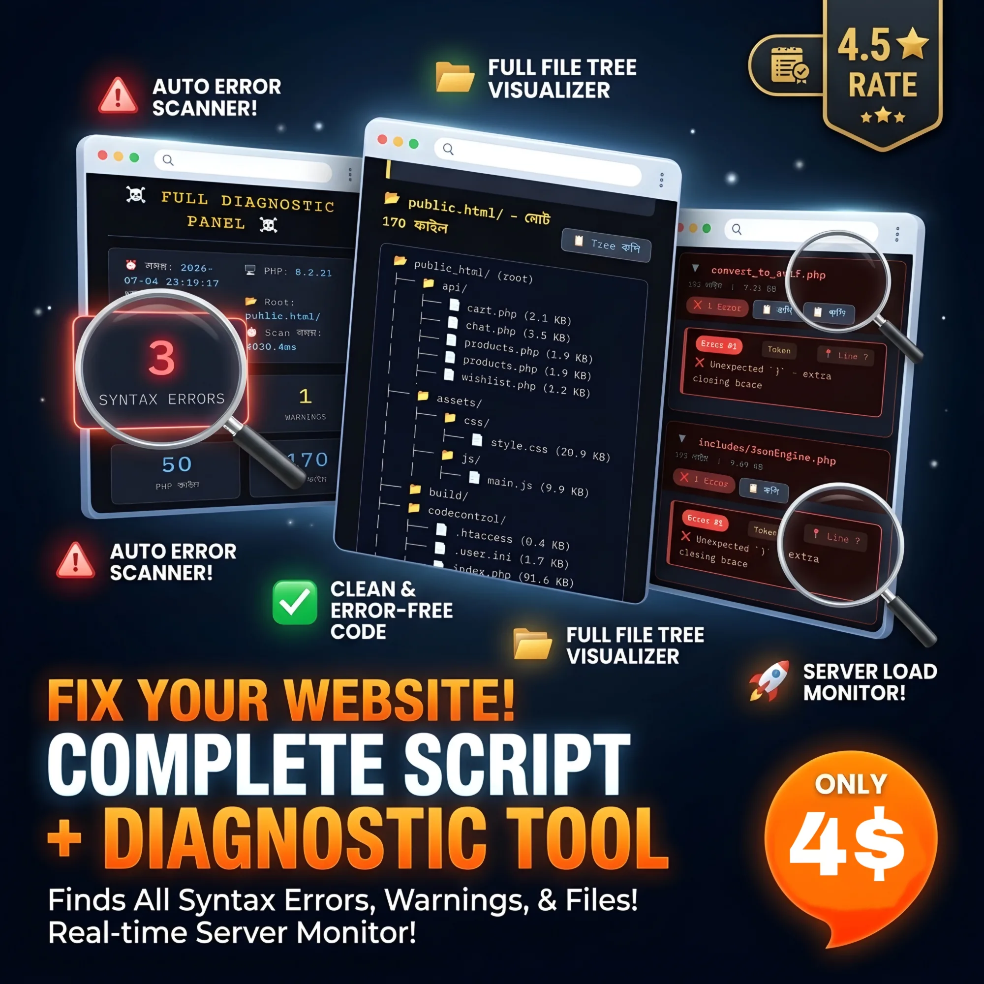 Full Diagnostic Panel: PHP Error Scanner, Directory Tree & Server Load Monitor